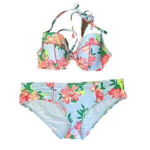 Women's Aerie Blue Floral Bikini Swimsuit Size XL bottom and 36D top